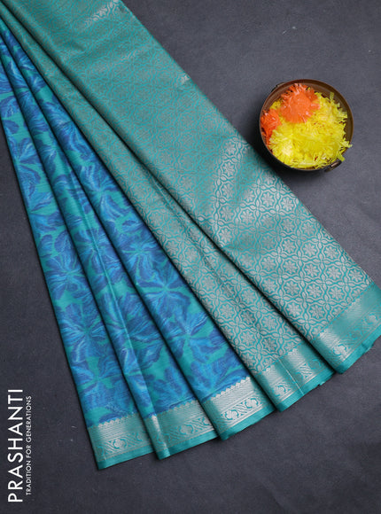 Bangalori silk saree blue and teal green with allover ikat weaves and zari woven border