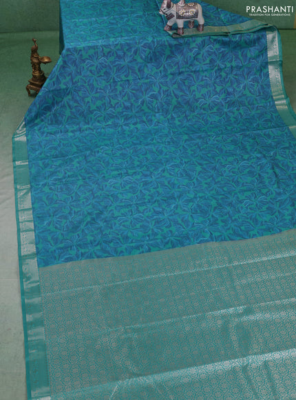 Bangalori silk saree blue and teal green with allover ikat weaves and zari woven border