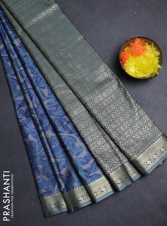 Bangalori silk saree blue and grey with allover ikat weaves and zari woven border
