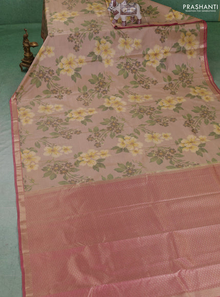 Bangalori silk saree beige and peach pink with allover ikat weaves and zari woven border