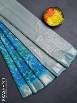 Bangalori silk saree cs blue and teal green with allover ikat weaves and zari woven border