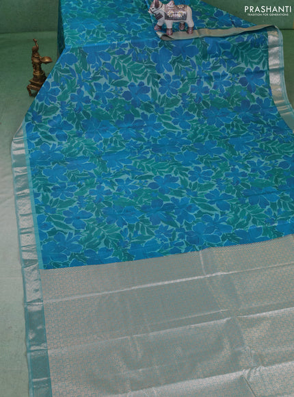 Bangalori silk saree cs blue and teal green with allover ikat weaves and zari woven border