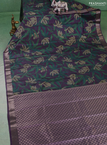 Bangalori silk saree green and purple with allover ikat weaves and zari woven border