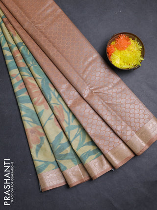 Bangalori silk saree pale yellow and sandal with allover ikat weaves and zari woven border