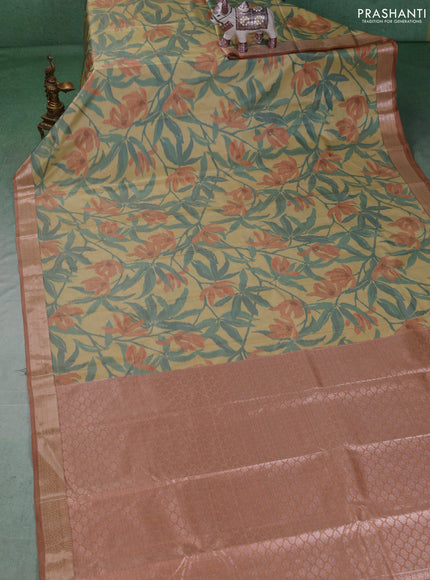 Bangalori silk saree pale yellow and sandal with allover ikat weaves and zari woven border