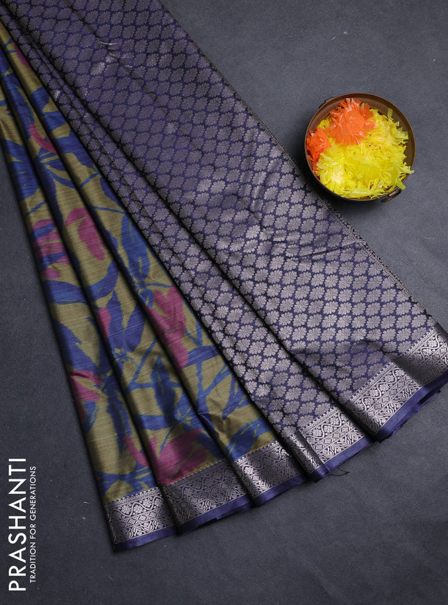 Bangalori silk saree mehendi green and grey with allover ikat weaves and zari woven border