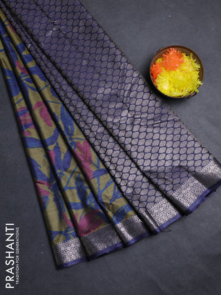 Bangalori silk saree mehendi green and grey with allover ikat weaves and zari woven border