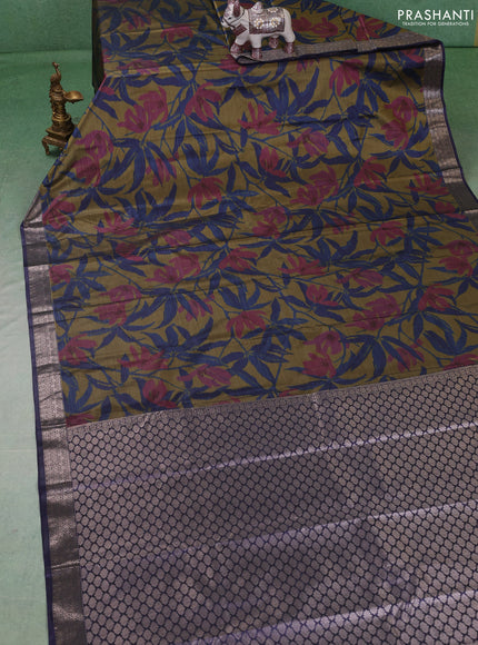 Bangalori silk saree mehendi green and grey with allover ikat weaves and zari woven border
