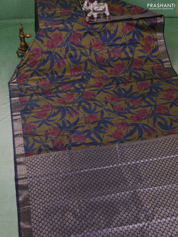 Bangalori silk saree mehendi green and grey with allover ikat weaves and zari woven border