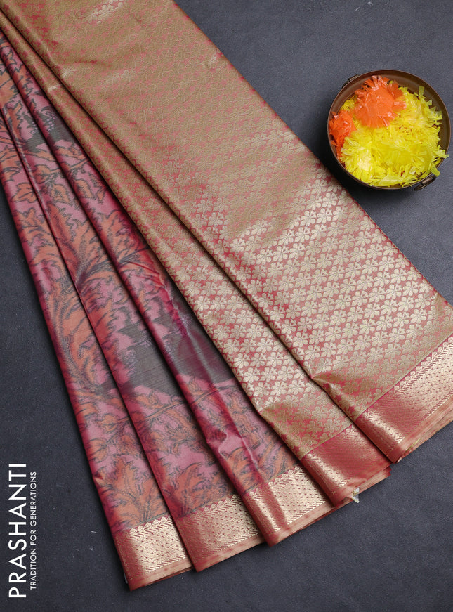 Bangalori silk saree peach shade and mustard yellow with allover ikat weaves and zari woven border