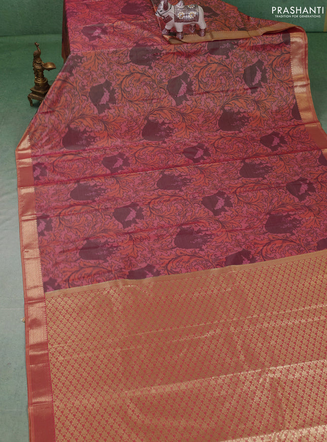 Bangalori silk saree peach shade and mustard yellow with allover ikat weaves and zari woven border