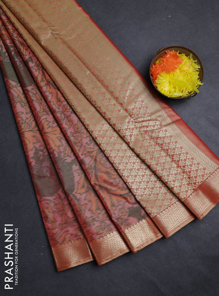 Bangalori silk saree peach shade with allover ikat weaves and zari woven border