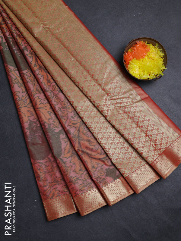 Bangalori silk saree peach shade with allover ikat weaves and zari woven border