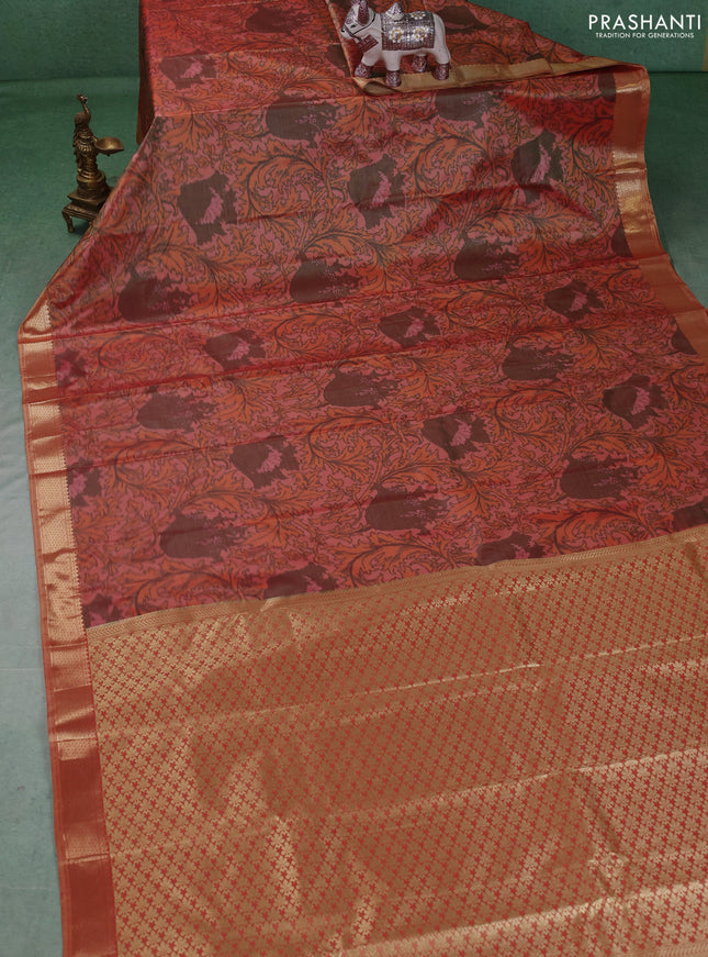 Bangalori silk saree peach shade with allover ikat weaves and zari woven border