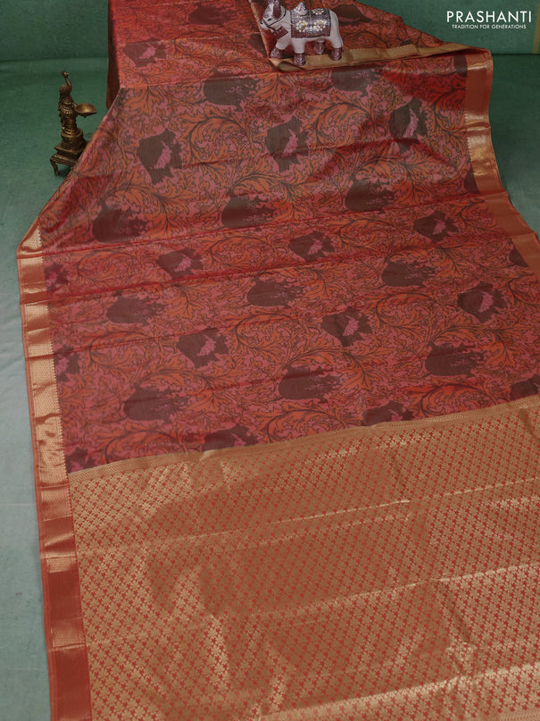 Bangalori silk saree peach shade with allover ikat weaves and zari woven border