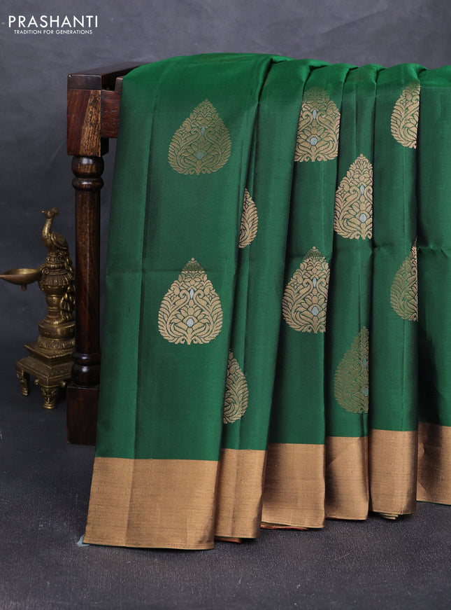 Pure soft silk saree bottle green and maroon with zari woven buttas and zari woven border