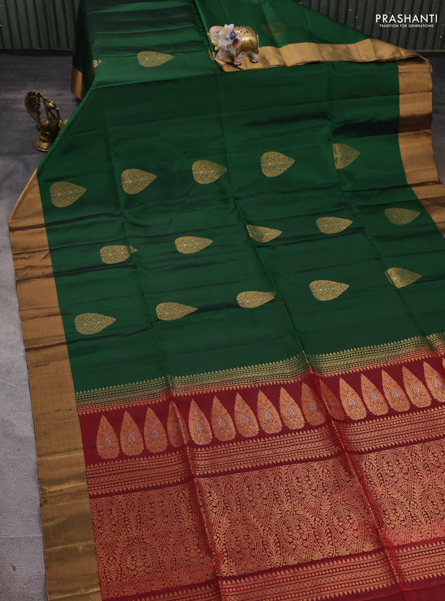 Pure soft silk saree bottle green and maroon with zari woven buttas and zari woven border
