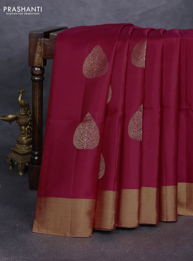 Pure soft silk saree dark pink and green with zari woven buttas and zari woven border