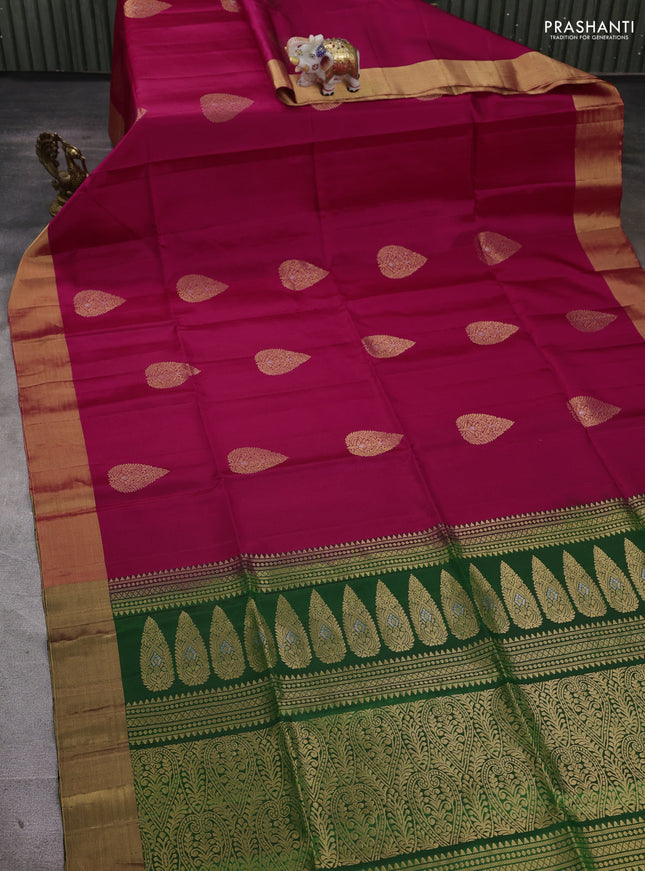 Pure soft silk saree dark pink and green with zari woven buttas and zari woven border