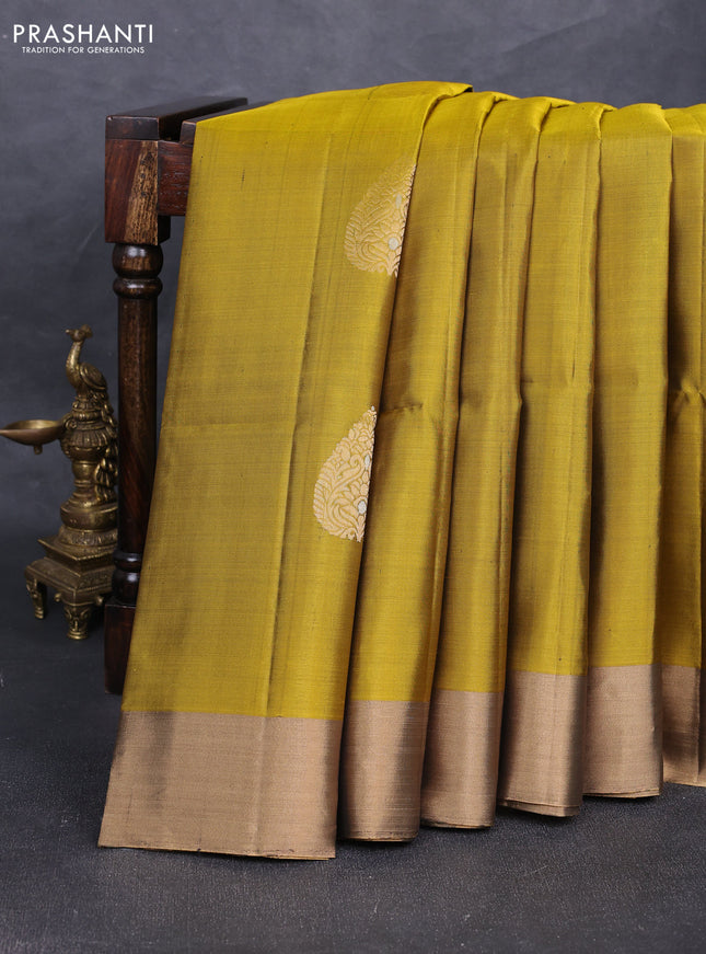 Pure soft silk saree mustard green and maroon with zari woven buttas and zari woven border