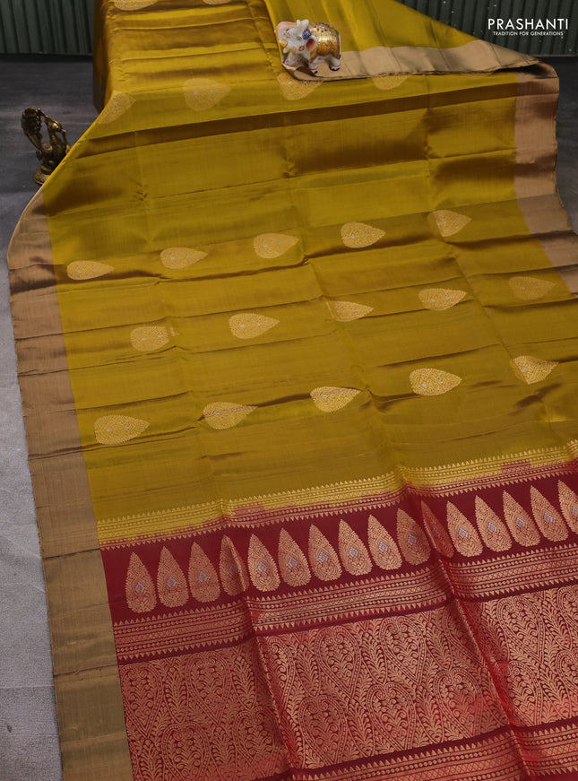 Pure soft silk saree mustard green and maroon with zari woven buttas and zari woven border