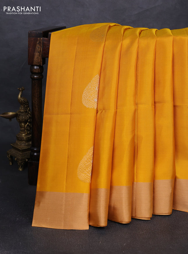 Pure soft silk saree mango yellow and purple with zari woven buttas and zari woven border