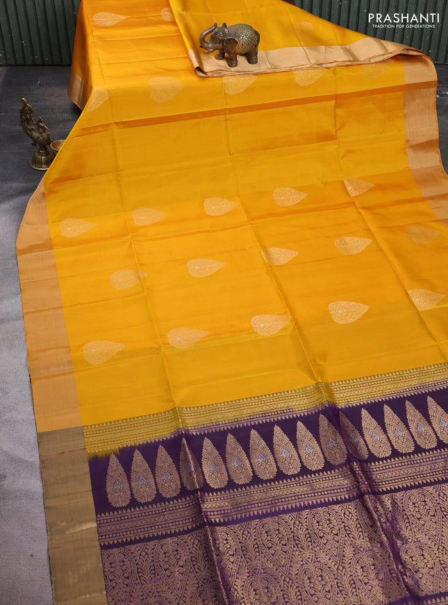 Pure soft silk saree mango yellow and purple with zari woven buttas and zari woven border