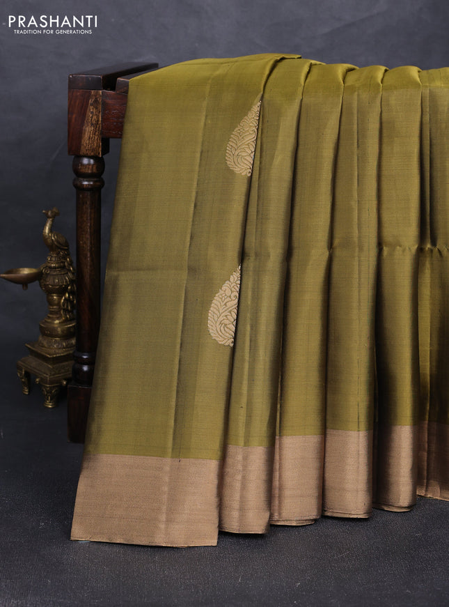 Pure soft silk saree olive green and maroon with zari woven buttas and zari woven border