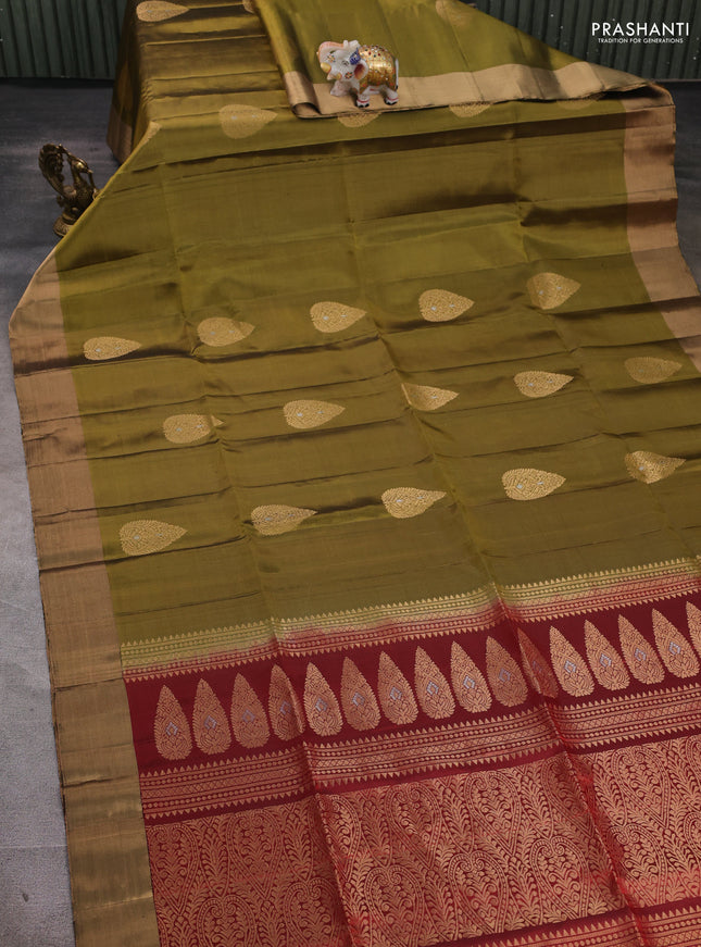 Pure soft silk saree olive green and maroon with zari woven buttas and zari woven border