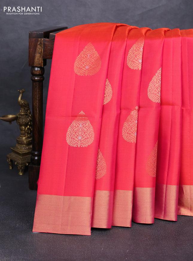 Pure soft silk saree dual shade of pinkish orange and black with zari woven buttas and zari woven border