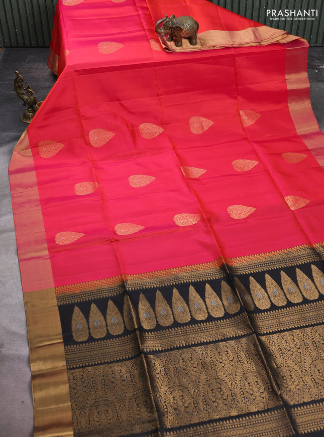 Pure soft silk saree dual shade of pinkish orange and black with zari woven buttas and zari woven border