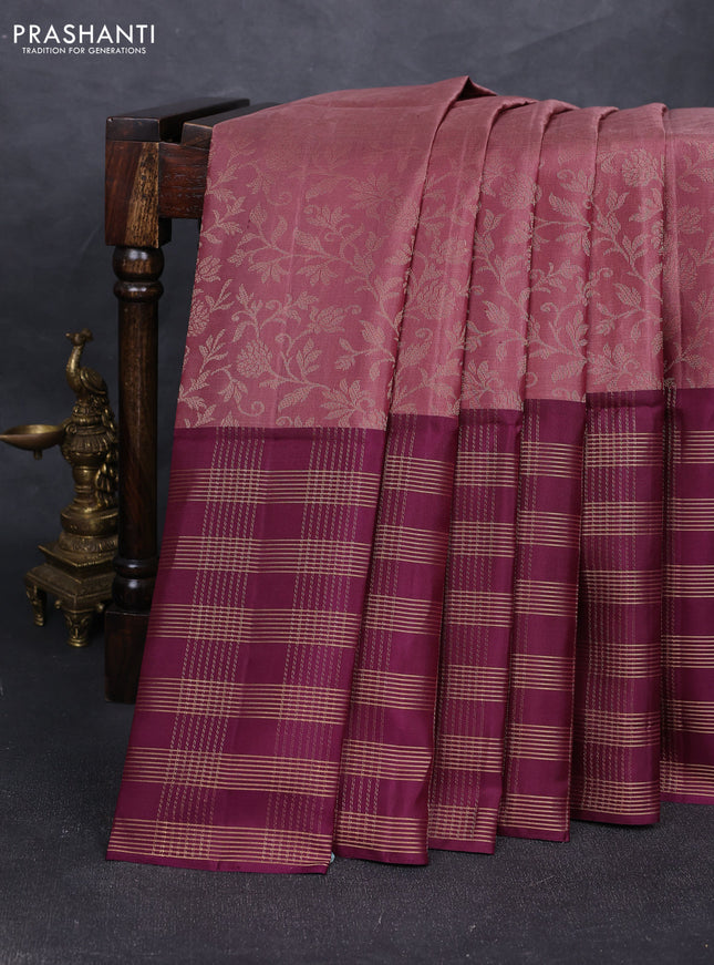 Pure soft silk saree dark peach and purple with allover zari woven brocade weaves and long zari woven checked border