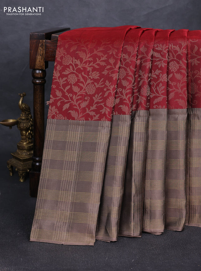 Pure soft silk saree maroon and chikku shade with allover zari woven brocade weaves and long zari woven checked border
