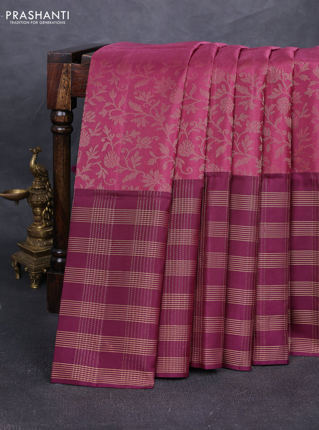 Pure soft silk saree dark mauve pink and wine shade with allover zari woven brocade weaves and long zari woven checked border