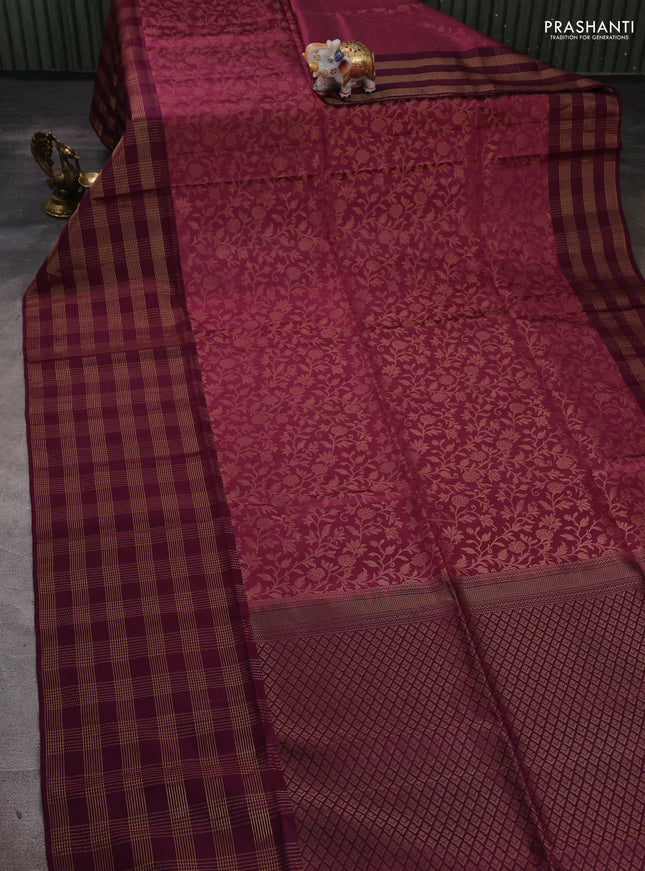 Pure soft silk saree dark mauve pink and wine shade with allover zari woven brocade weaves and long zari woven checked border