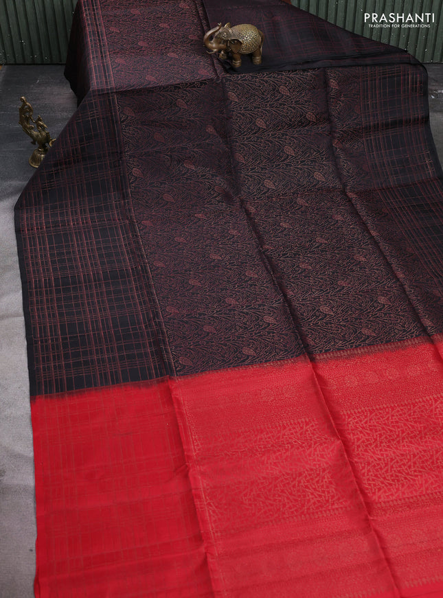 Pure soft silk saree black and red with allover thread & zari woven brocade weaves in borderless style