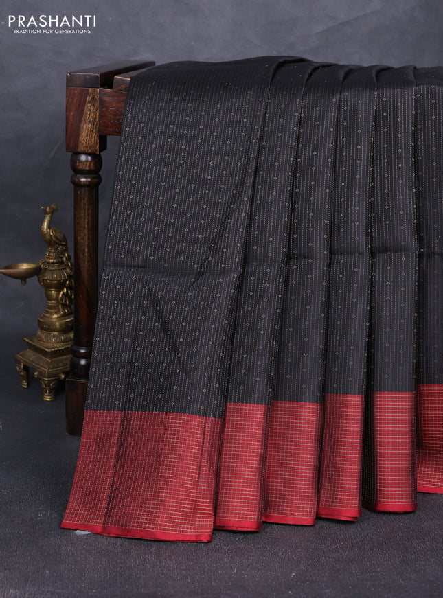 Pure soft silk saree black and maroon with allover zari woven brocade weaves and zari woven checked border