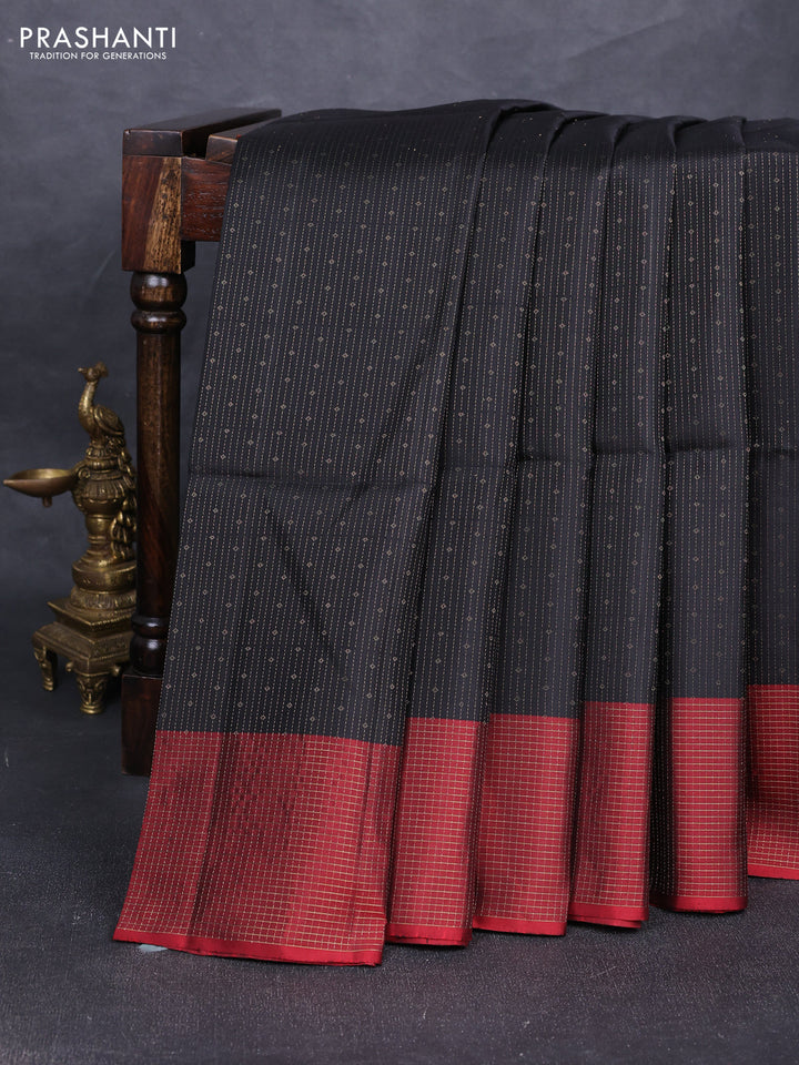 Pure soft silk saree black and maroon with allover zari woven brocade weaves and zari woven checked border