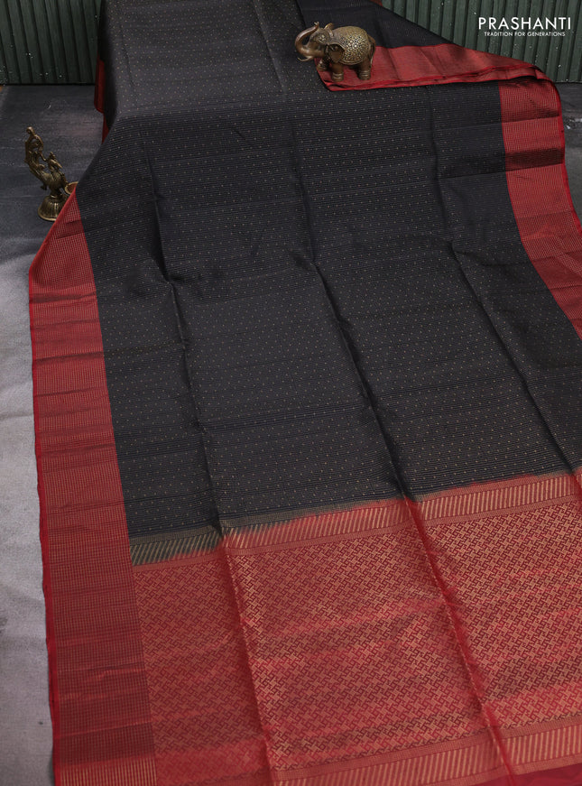 Pure soft silk saree black and maroon with allover zari woven brocade weaves and zari woven checked border