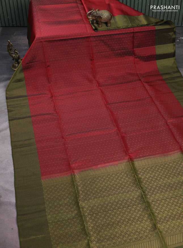 Pure soft silk saree maroon and olive green with allover zari woven brocade weaves and zari woven checked border