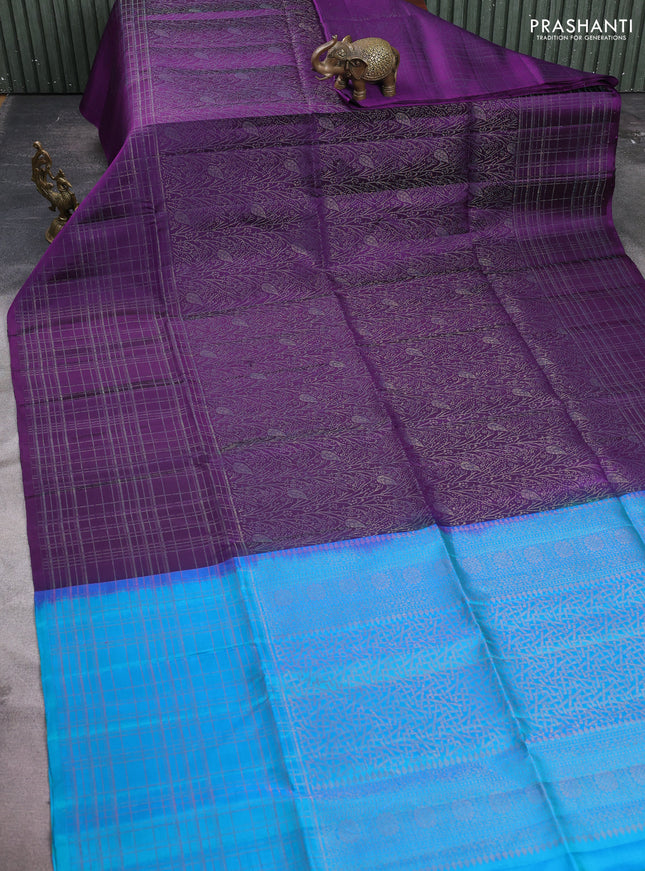 Pure soft silk saree purple and dual shade of bluish green with allover thread & zari woven brocade weaves in borderless style