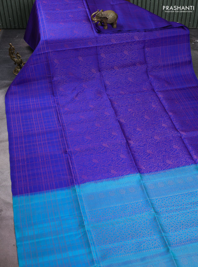 Pure soft silk saree royal blue and dual shade of bluish green with allover thread & zari woven brocade weaves in borderless style