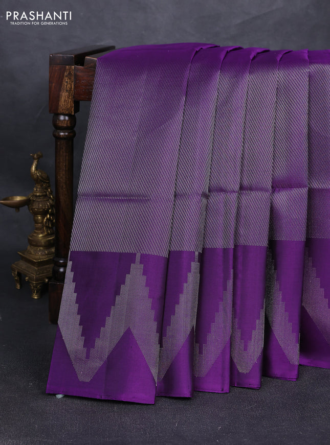Pure soft silk saree purple with allover silver zari woven brocade weaves and temple design silver zari woven border