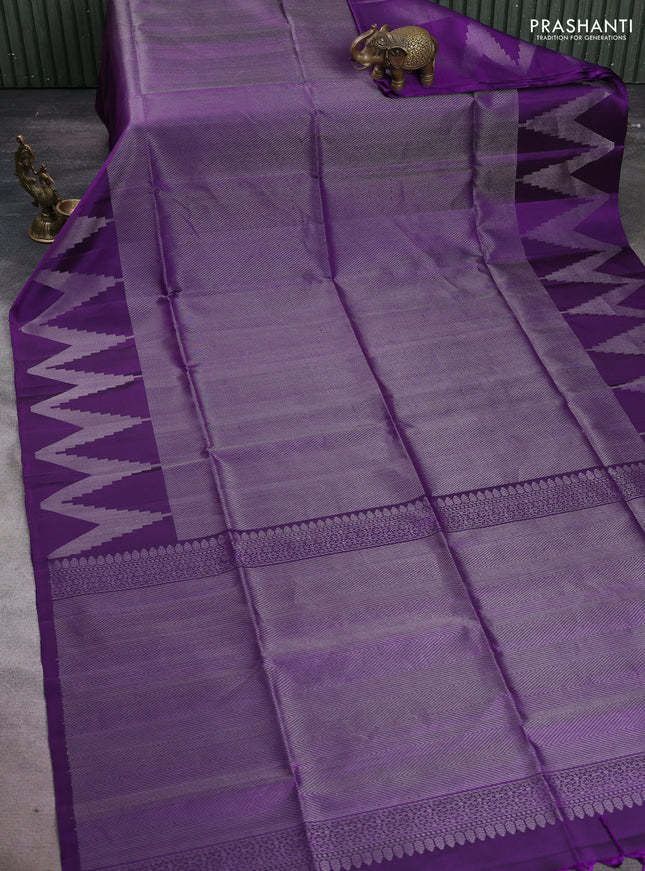 Pure soft silk saree purple with allover silver zari woven brocade weaves and temple design silver zari woven border