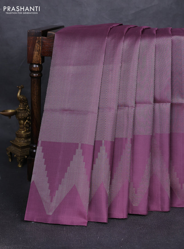 Pure soft silk saree pastel wine shade with allover silver zari woven brocade weaves and temple design silver zari woven border