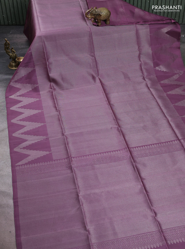 Pure soft silk saree pastel wine shade with allover silver zari woven brocade weaves and temple design silver zari woven border