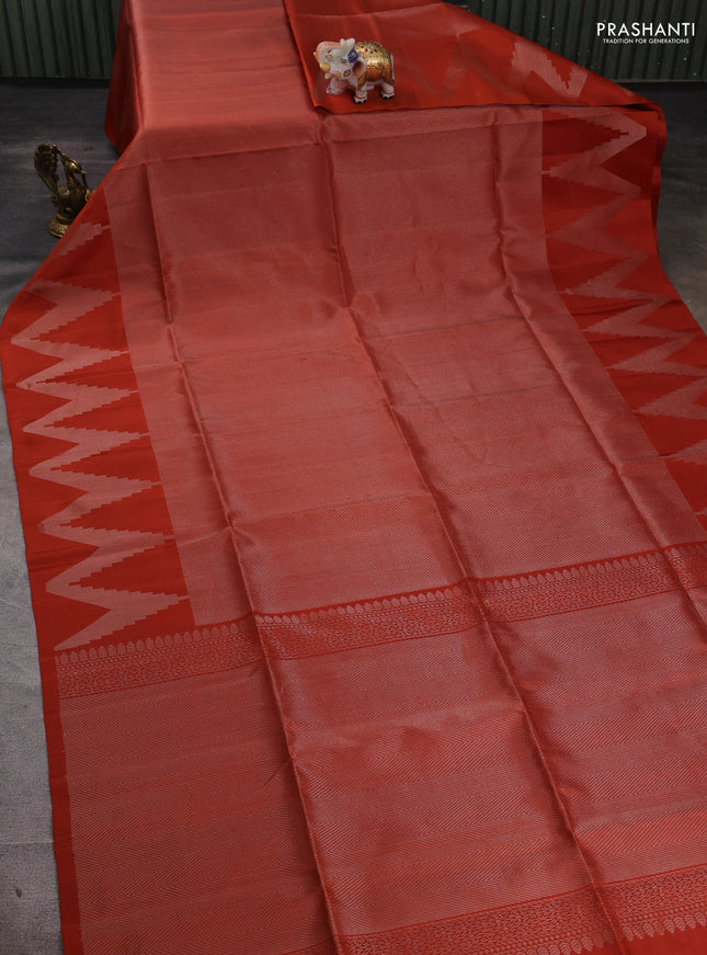 Pure soft silk saree rust shade with allover silver zari woven brocade weaves and temple design silver zari woven border