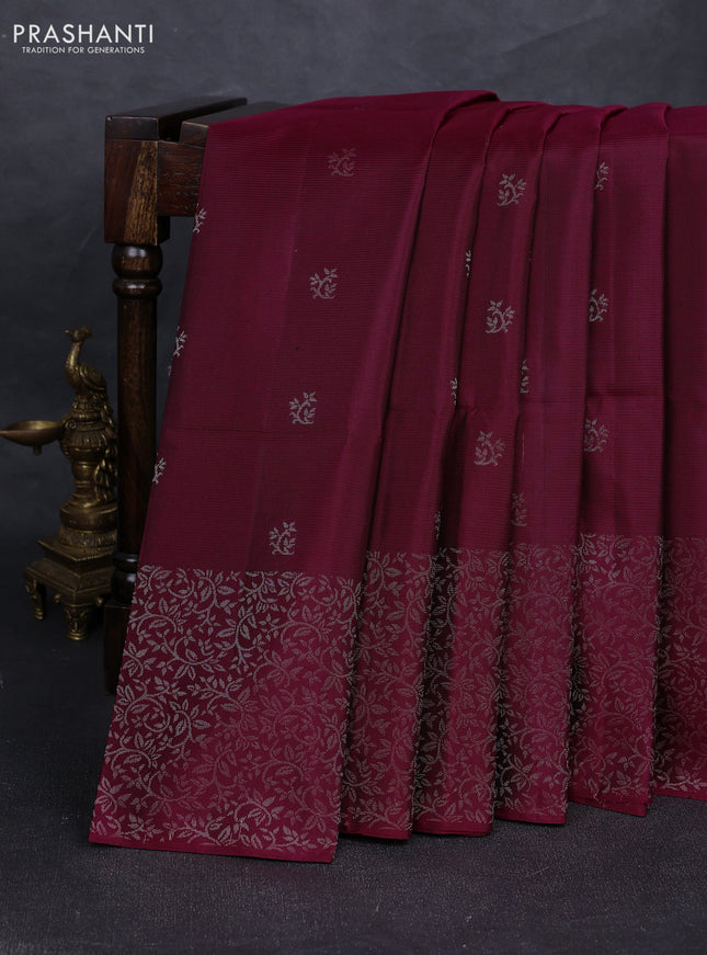 Pure soft silk saree wine shade with silver zari woven buttas and silver zari woven border