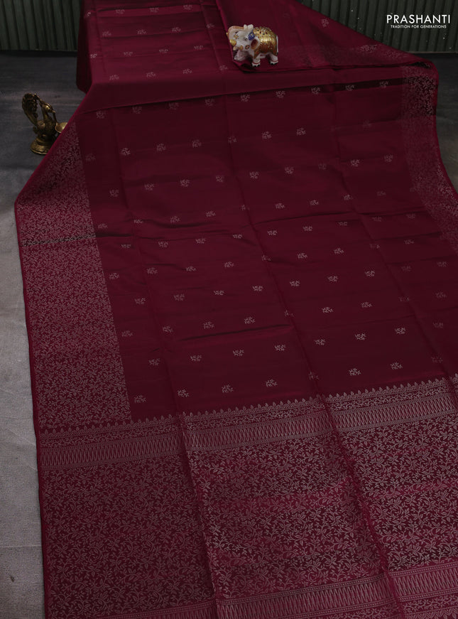 Pure soft silk saree wine shade with silver zari woven buttas and silver zari woven border