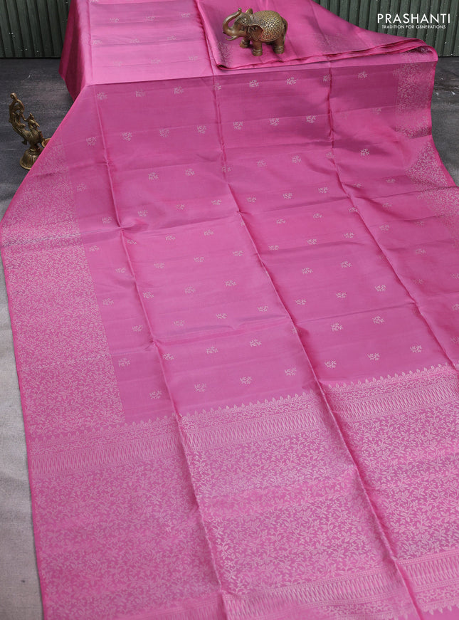 Pure soft silk saree pink shade with silver zari woven buttas and silver zari woven border